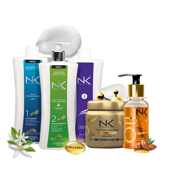 NK Keratin Hair Treatment & Styling Argan Oil Set 5-Step Formaldehyde-Free Straightening Kit + Moroccan Argan Oil Serum Smooth, Repair, Shine For All Hair Types (32oz)
