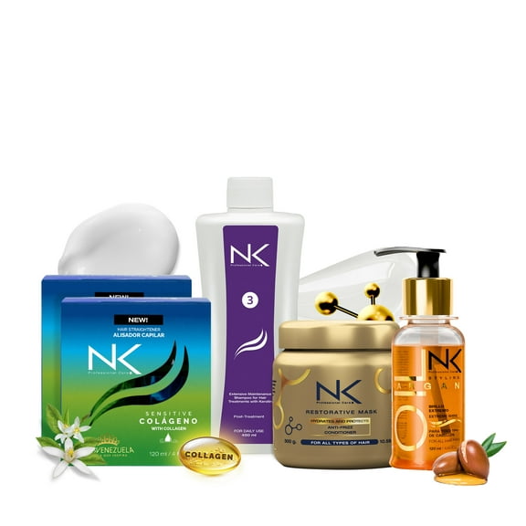 NK Keratin Hair Treatment & Styling Argan Oil Set 5-Step Formaldehyde-Free Straightening Kit + Moroccan Argan Oil Serum Smooth, Repair, Shine For All Hair Types (8oz)