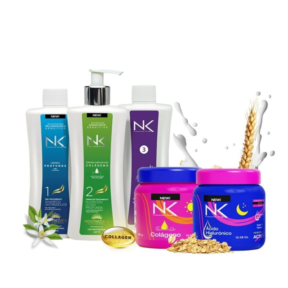 NK Professional Care 4-Step Keratin Hair Treatment Set  Keratin Treatment Kit with Step 1 & 2 + Post-Treatment Shampoo + 2 Hair Masks  Collagen & Hyaluronic Acid  Formaldehyde-Free, Vegan (15oz)