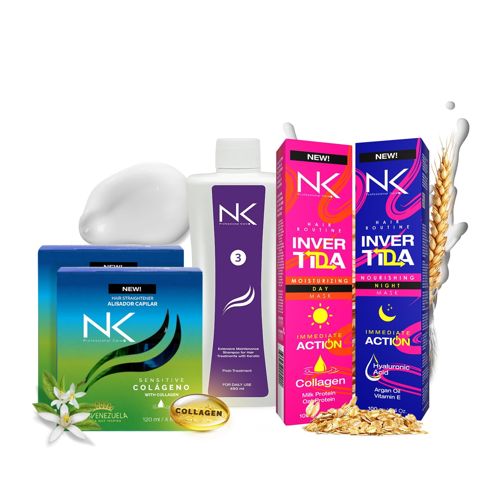 NK Professional Care 4-Step Keratin Hair Treatment Set – Keratin Treatment Kit with Step 1 & 2 + Post-Treatment Shampoo + 2 Hair Masks – Collagen & Hyaluronic Acid – Formaldehyde-Free, Vegan (8oz)