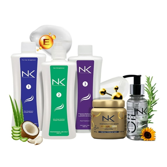 NK Professional Care. Complete Hair Straightening Treatment, Kit Steps 1,2,3,4,5. Hair Surgery with keratin, post-treatment, home care shampoo, Hair Mask and Styling Oil. (15oz)