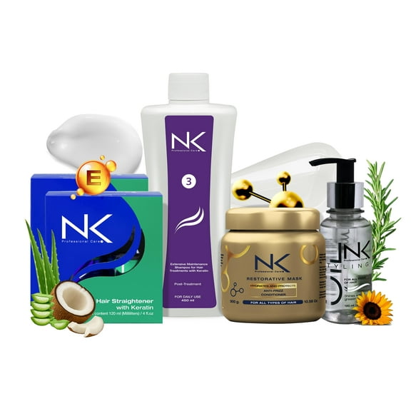 NK Professional Care. Complete Hair Straightening Treatment, Kit Steps 1,2,3,4,5. Hair Surgery with keratin, post-treatment, home care shampoo, Hair Mask and Styling Oil. (8oz)