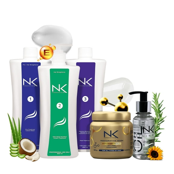 NK Professional Care. Complete Hair Straightening Treatment, Kit Steps 1,2,3,4,5. Hair Surgery with keratin, post-treatment, home care shampoo, Hair Mask and Styling Oil. (32oz)