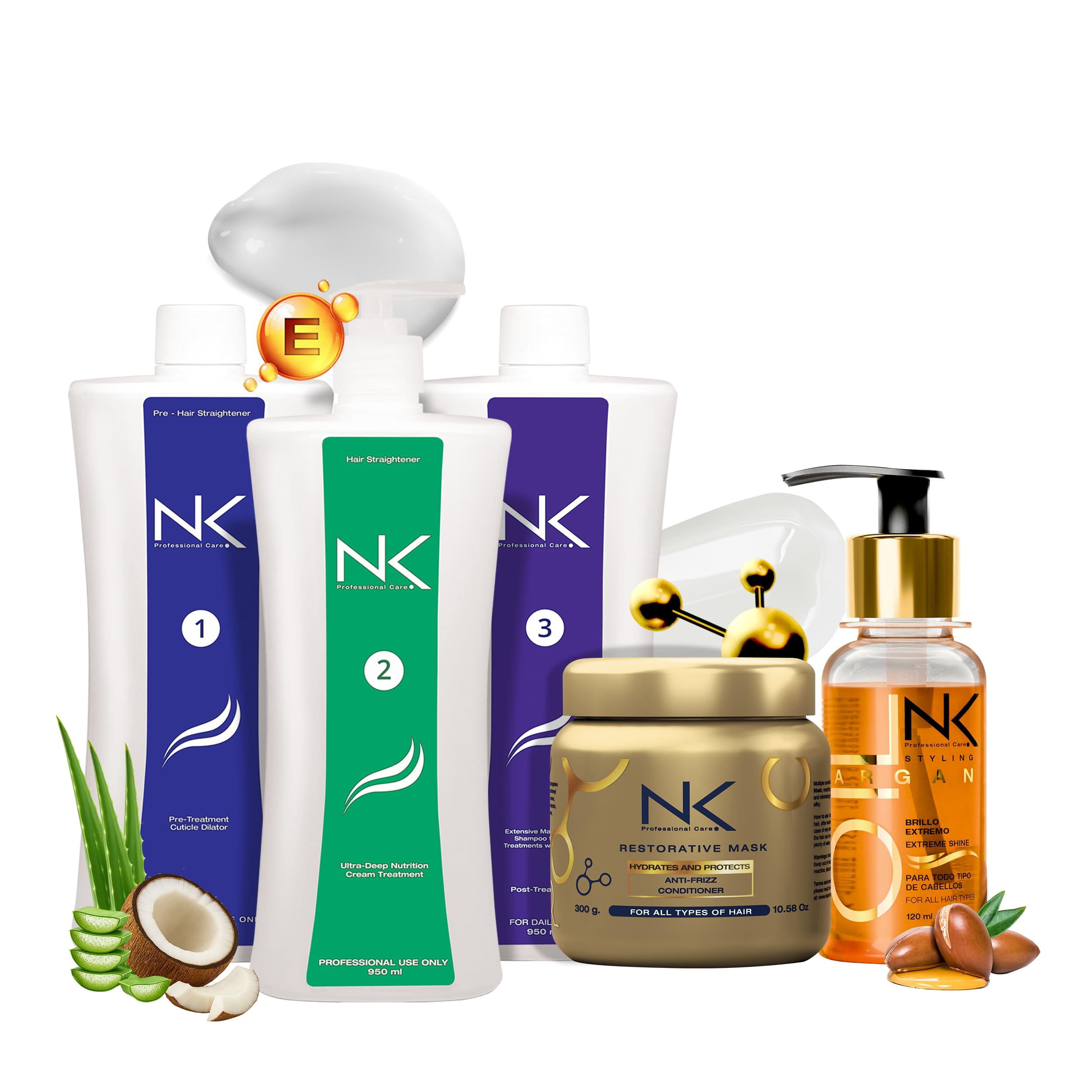 NK Professional Care. Complete Hair Straightening Treatment, Kit Steps 1,2,3,4,5. Hair Surgery with keratin, post-treatment, home care shampoo, Hair Mask and Styling Argan Oil. (32oz)