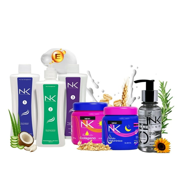 NK Professional Care. Complete Hair Straightening Treatment, Kit Steps 1,2,3,4,5. Hair Surgery with keratin, post-treatment, shampoo , Hair Mask Collagen & hyaluronic acid and Styling Oil. (15oz)