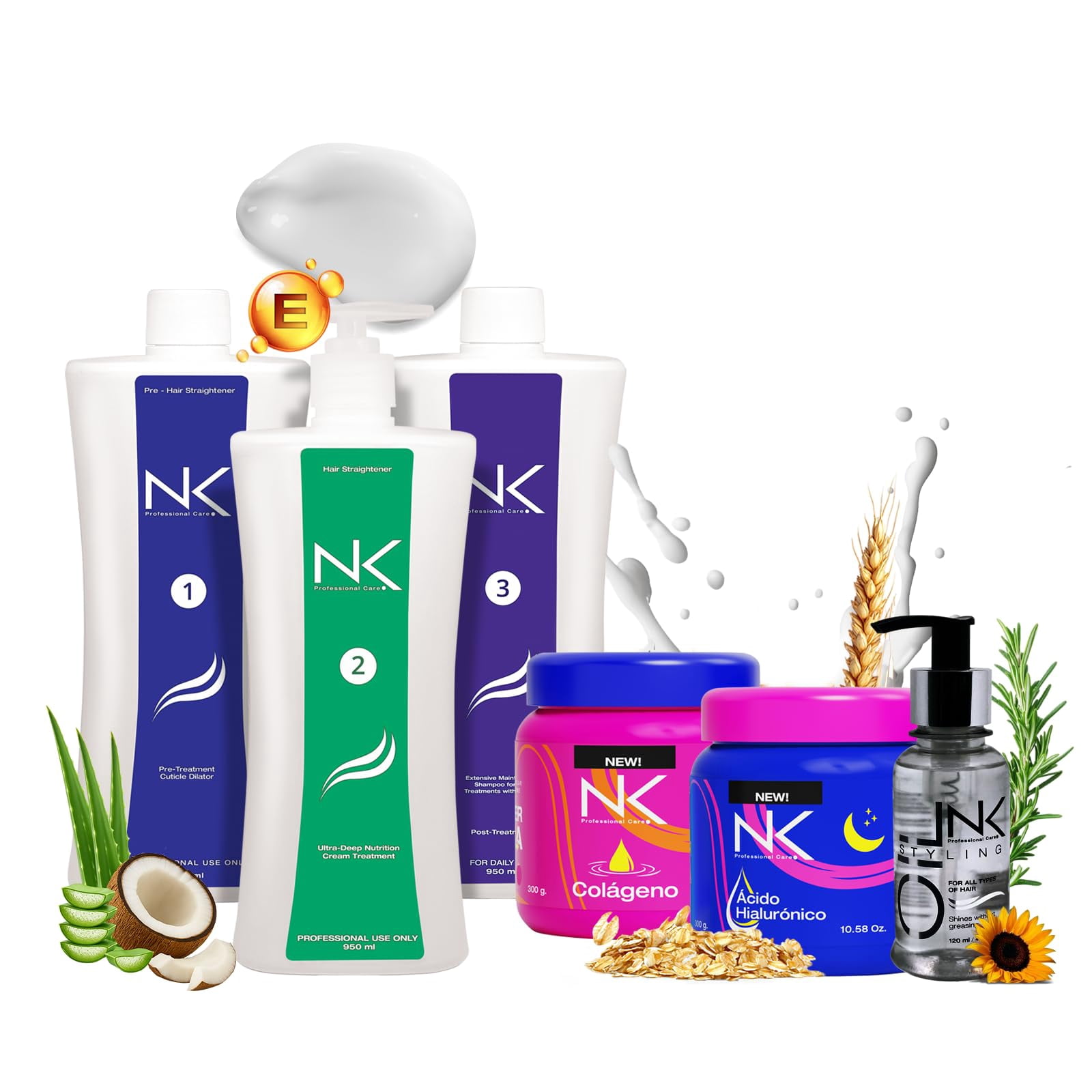 NK Professional Care. Complete Hair Straightening Treatment, Kit Steps 1,2,3,4,5. Hair Surgery with keratin, post-treatment, shampoo , Hair Mask Collagen & hyaluronic acid and Styling Oil. (32oz)
