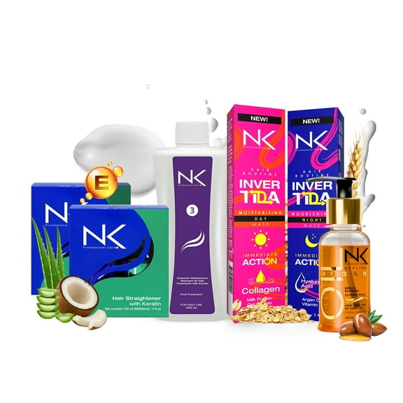 NK Complete Hair Straightening Treatment, Kit Steps 1,2,3,4,5. Hair Surgery with keratin, post-treatment, shampoo Step 3 , Hair Mask Collagen & hyaluronic acid and Styling Argan Oil.