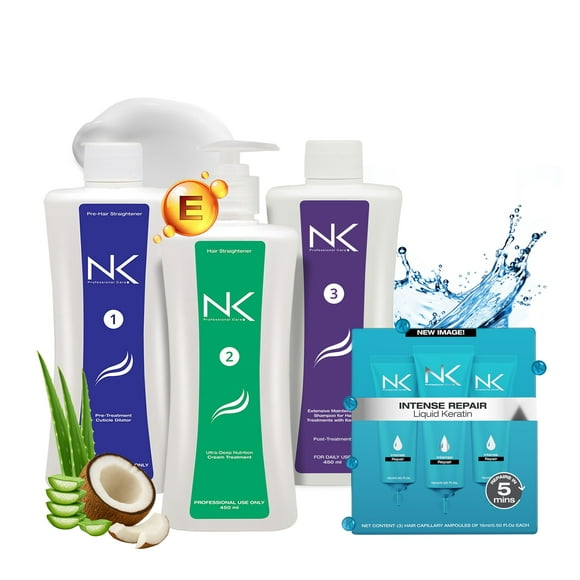 NK Professional Care. Complete Hair Straightening Treatment Kit Steps 1,2,3,4. Hair Surgery with keratin, post-treatment shampoo and intensive repair ampoule. (15oz)