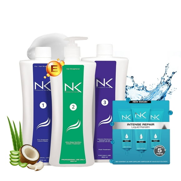 NK Professional Care. Complete Hair Straightening Treatment Kit Steps 1,2,3,4. Hair Surgery with keratin, post-treatment shampoo and intensive repair ampoule. (32oz)