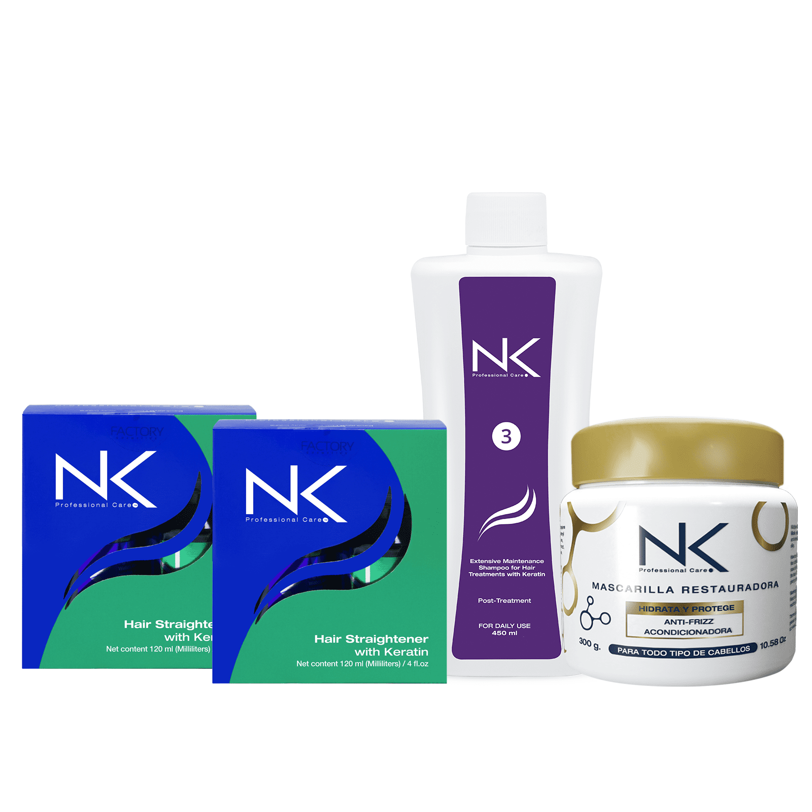 NK Professional Care. Complete Hair Straightening Treatment Kit Steps 1,2,3,4. Hair Surgery with keratin, post-treatment shampoo and restorative mask.