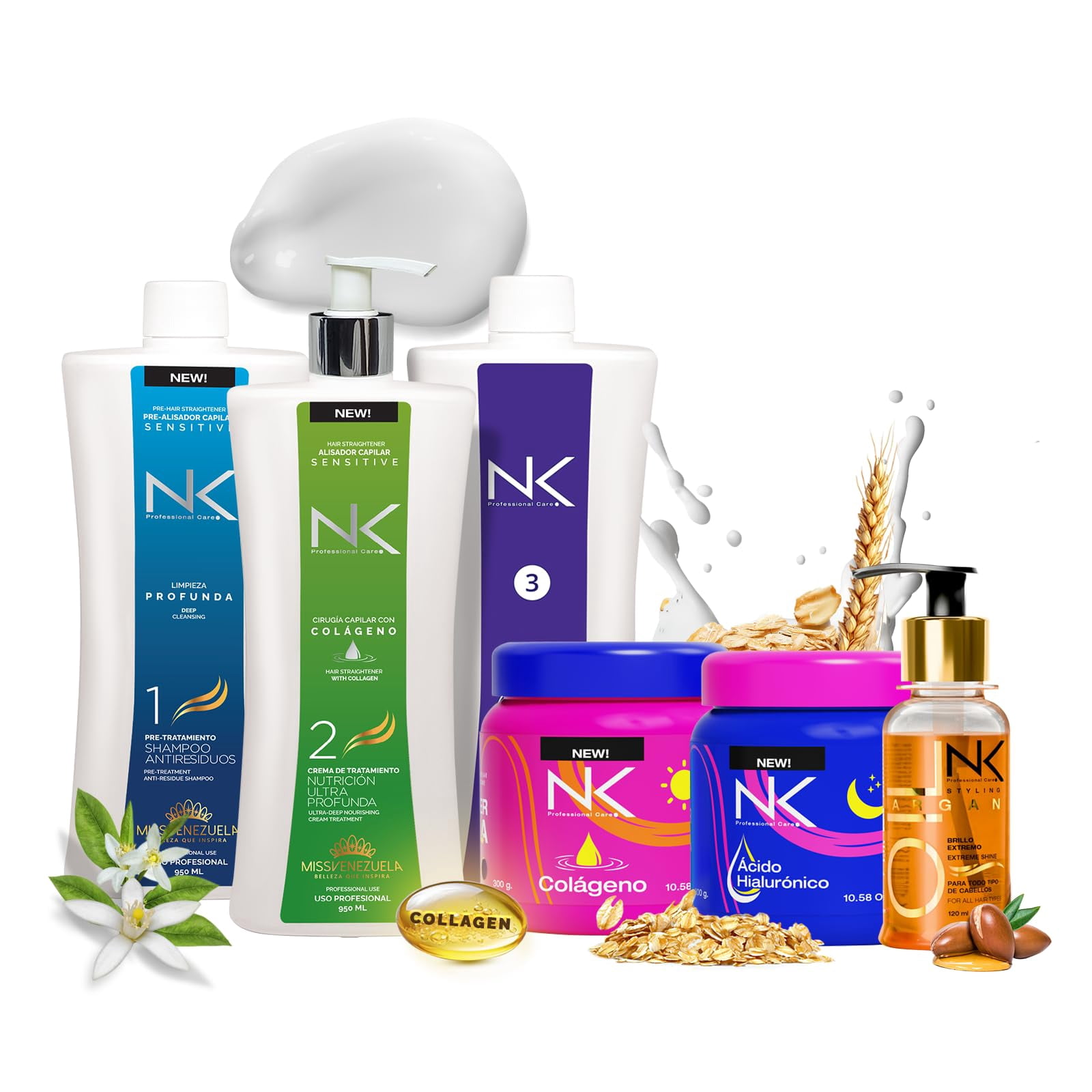 NK Professional Care Complete Keratin Treatment Set – Straightening & Repair Kit | Keratin Treatment + Post Shampoo + Nourishing Hair Mask + Argan Styling Oil | Formaldehyde-Free, Vegan (32oz)
