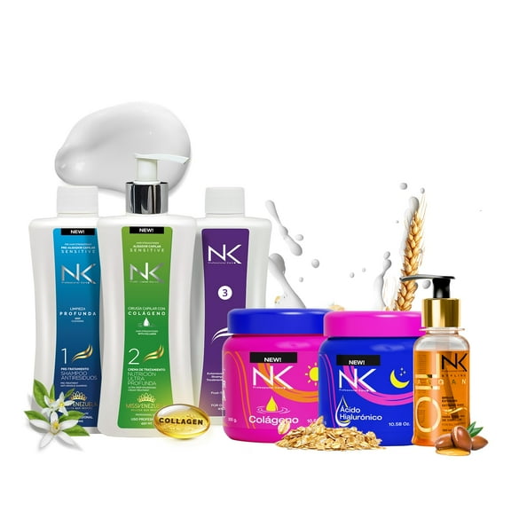 NK Professional Care Complete Keratin Treatment Set  Straightening & Repair Kit | Keratin Treatment + Post Shampoo + Nourishing Hair Mask + Argan Styling Oil | Formaldehyde-Free, Vegan (15oz)