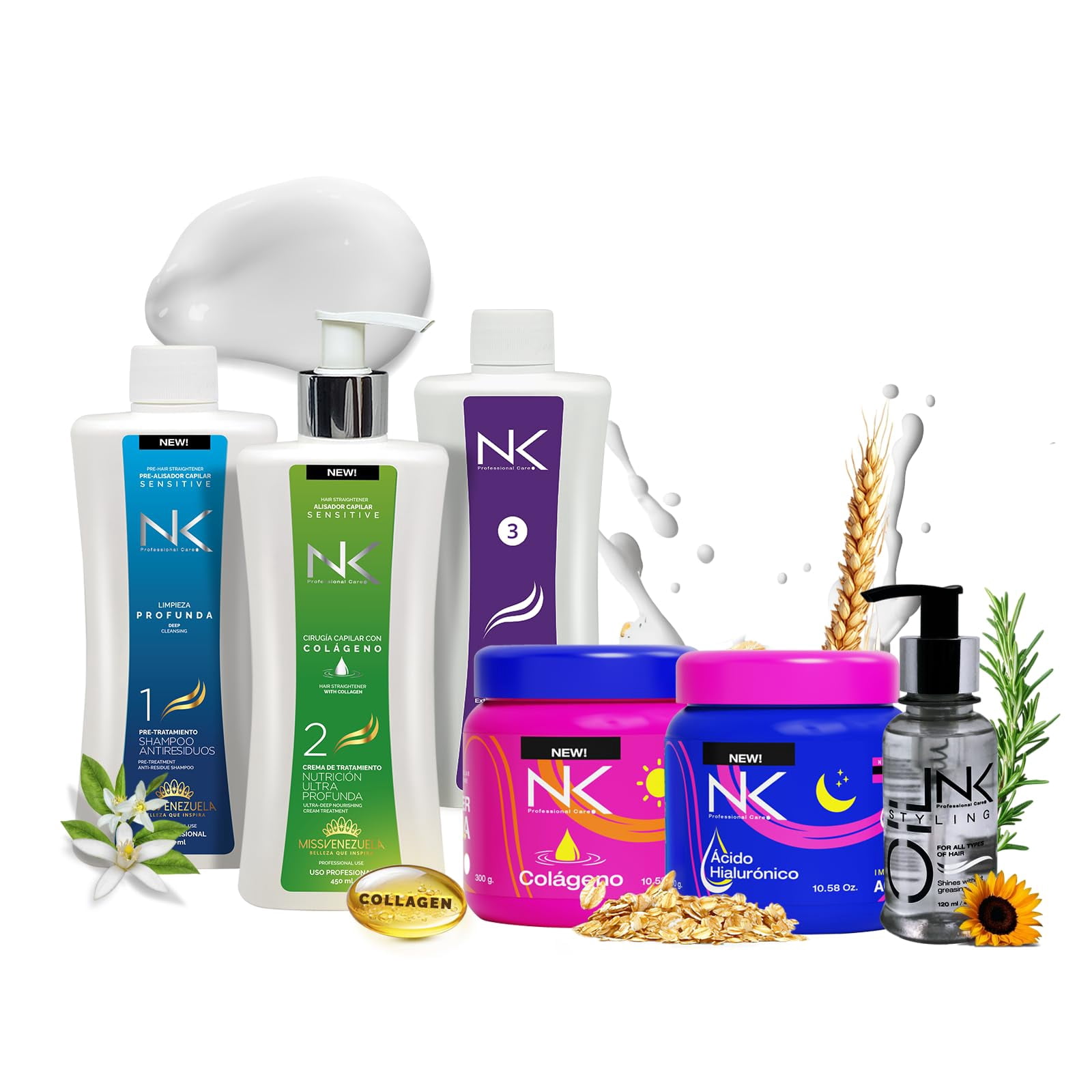 NK Professional Care Complete Keratin Treatment Set – Straightening & Repair Kit | Keratin Treatment + Post-Treatment Shampoo + Nourishing Hair Mask + Styling Oil | Formaldehyde-Free, Vegan (15oz)