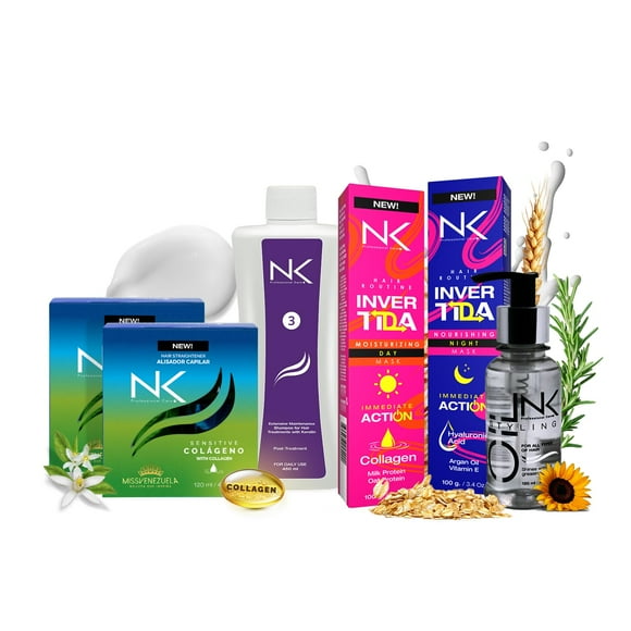 NK Professional Care Complete Keratin Treatment Set  Straightening & Repair Kit | Keratin Treatment + Post-Treatment Shampoo + Nourishing Hair Mask + Styling Oil | Formaldehyde-Free, Vegan (8oz)