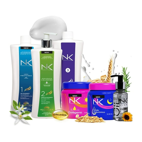 NK Professional Care Complete Keratin Treatment Set  Straightening & Repair Kit | Keratin Treatment + Post-Treatment Shampoo + Nourishing Hair Mask + Styling Oil | Formaldehyde-Free, Vegan (32oz)