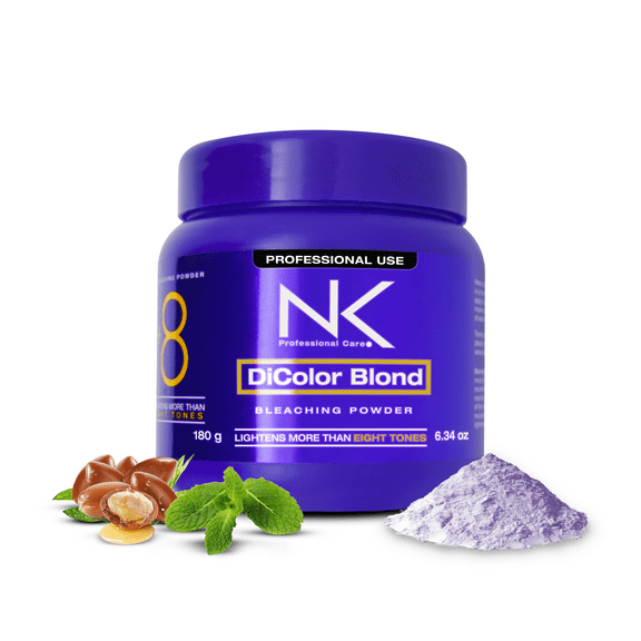 NK Professional Care DiColor Blond Powder Bleaching. Lightens + 8 Tons of Height. Quick lightening power without damaging your hair. Contains Hydrolyzed Keratin and Argan Oil. 180g