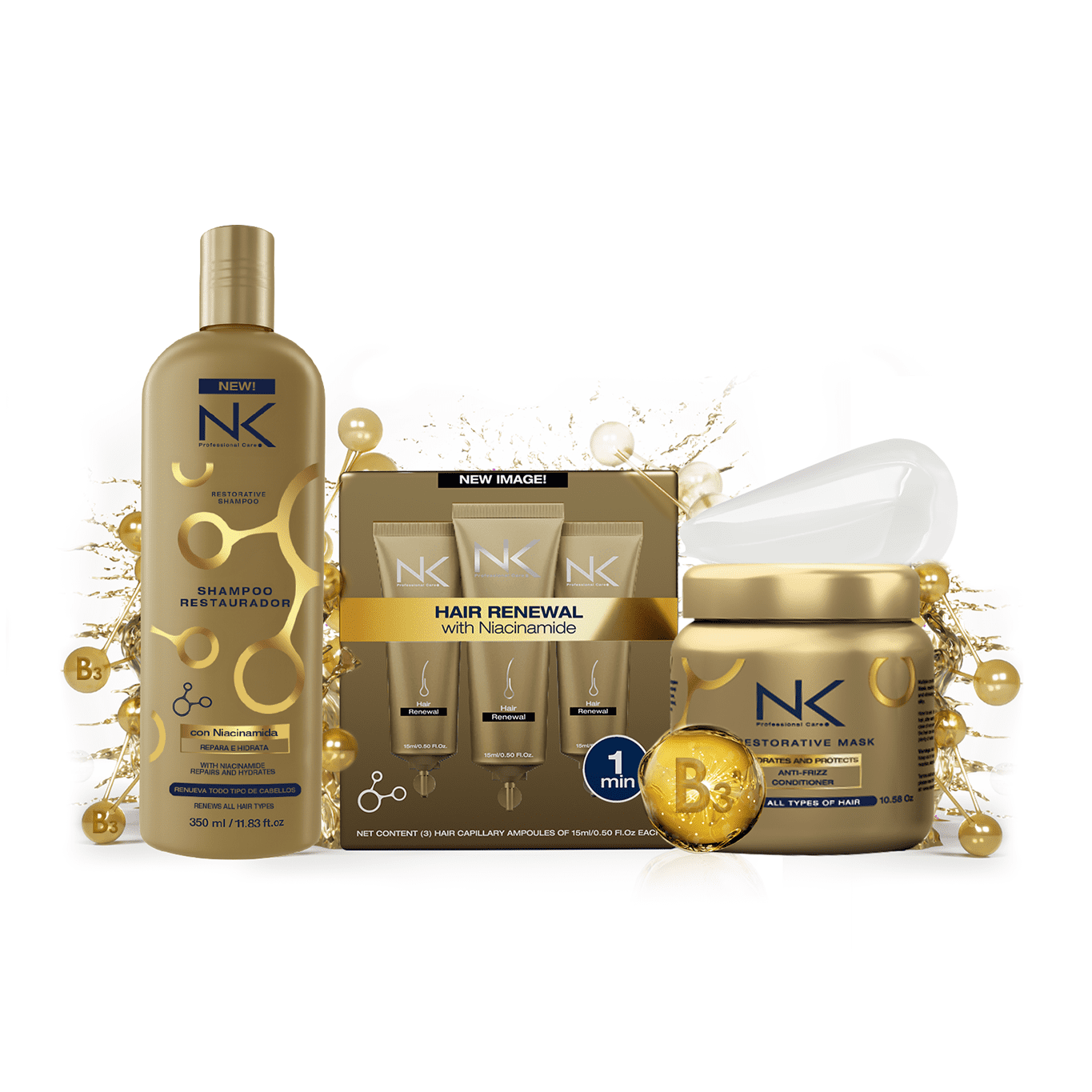 NK Professional Care Niacinamide Hair Renewal Kit – Restorative Shampoo, Hair Mask, and Capillary Ampoules Set – Anti-Aging, Deep Hydration, Frizz Control & Growth Stimulation for All Hair Types