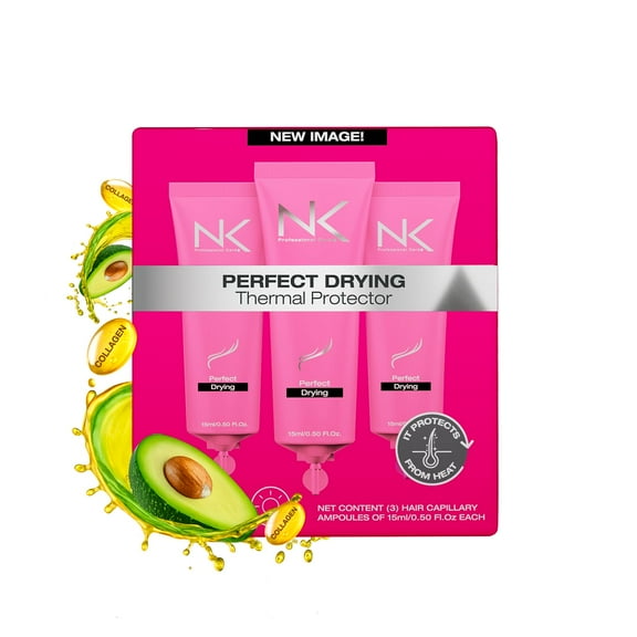 NK Professional Care Perfect Drying Ampoule, Thermal protector for hair, Conditioner, Frizz free, Shine, Silky and Heat Protection for hair. Hair Leave in conditioner. 3 x 15ml/ea