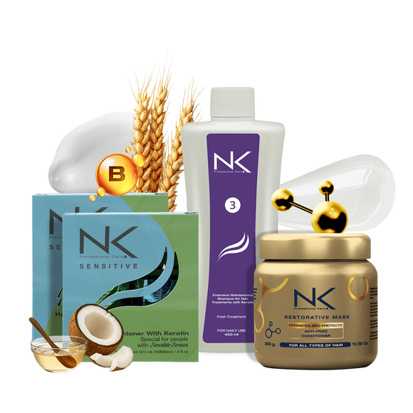 NK Professional Care Sensitive Keratin Hair Straightening Treatment, Vegan, Formaldehyde Free. Kit Steps 1,2,3,4. Sensitive straightening treatment, post-treatment shampoo and restorative mask. 8oz