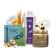 NK Professional Care Sensitive Keratin Hair Straightening Treatment, Vegan, Formaldehyde Free. Kit Steps 1,2,3,4. Sensitive straightening treatment, post-treatment shampoo and restorative mask. 8oz