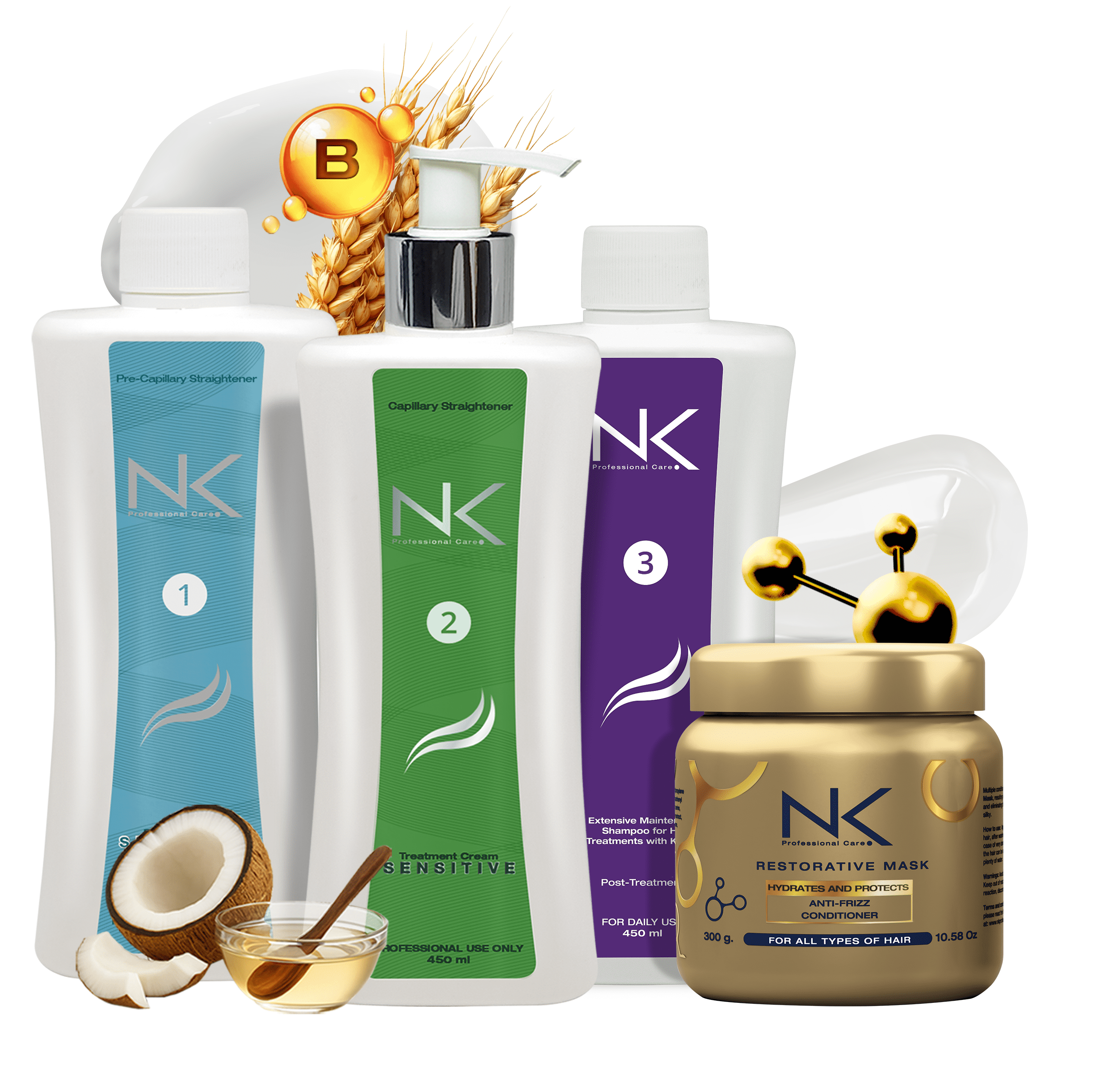 NK Professional Care Sensitive Keratin Hair Straightening Treatment, Vegan, Formaldehyde Free. Kit Steps 1,2,3,4. Sensitive straightening treatment, post-treatment shampoo and restorative mask. 15oz