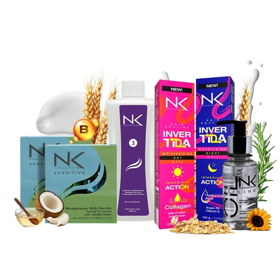 NK Sensitive Hair Straightening Treatment, Vegan, Formaldehyde Free. Kit Steps 1,2,3,4,5 Sensitive Keratin, post-treatment shampoo, Collagen & Hyaluronic Acid Hair Mask and Styling Oil. (8oz)