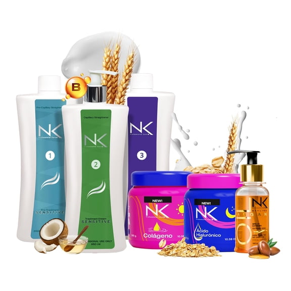 NK Sensitive Hair Straightening Treatment, Vegan, Formaldehyde Free. Kit Steps 1,2,3,4,5 Sensitive Keratin, post-treatment shampoo, Collagen & Hyaluronic Acid Hair Mask and Styling Argan Oil. (32oz)