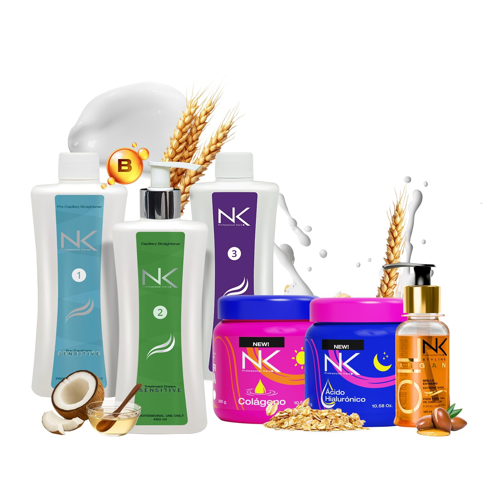 NK Sensitive Hair Straightening Treatment, Vegan, Formaldehyde Free. Kit Steps 1,2,3,4,5 Sensitive Keratin, post-treatment shampoo, Collagen & Hyaluronic Acid Hair Mask and Styling Argan Oil. (15oz)