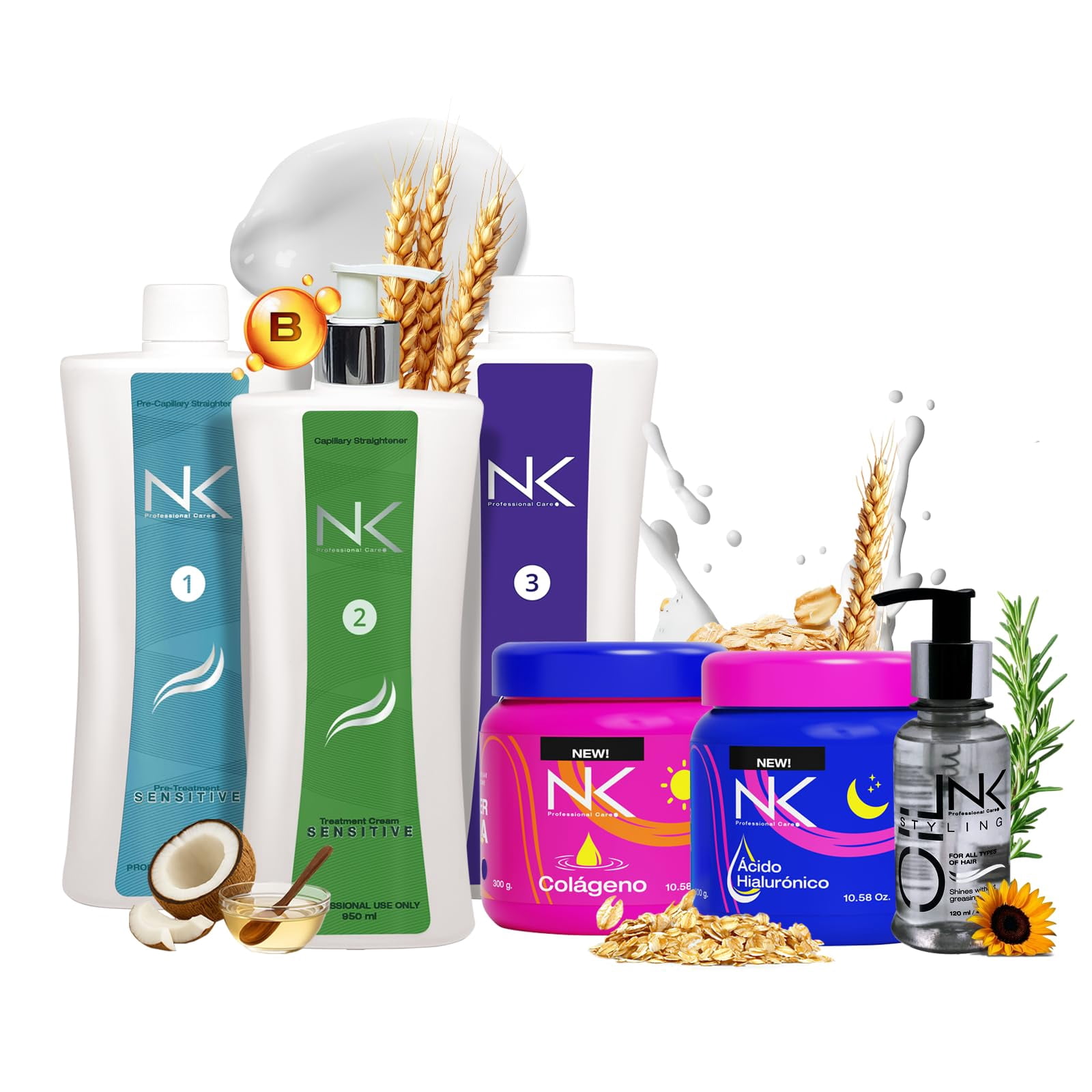 NK Sensitive Hair Straightening Treatment, Vegan, Formaldehyde Free. Kit Steps 1,2,3,4,5 Sensitive Keratin, post-treatment shampoo, Collagen & Hyaluronic Acid Hair Mask and Styling Oil. (32oz)