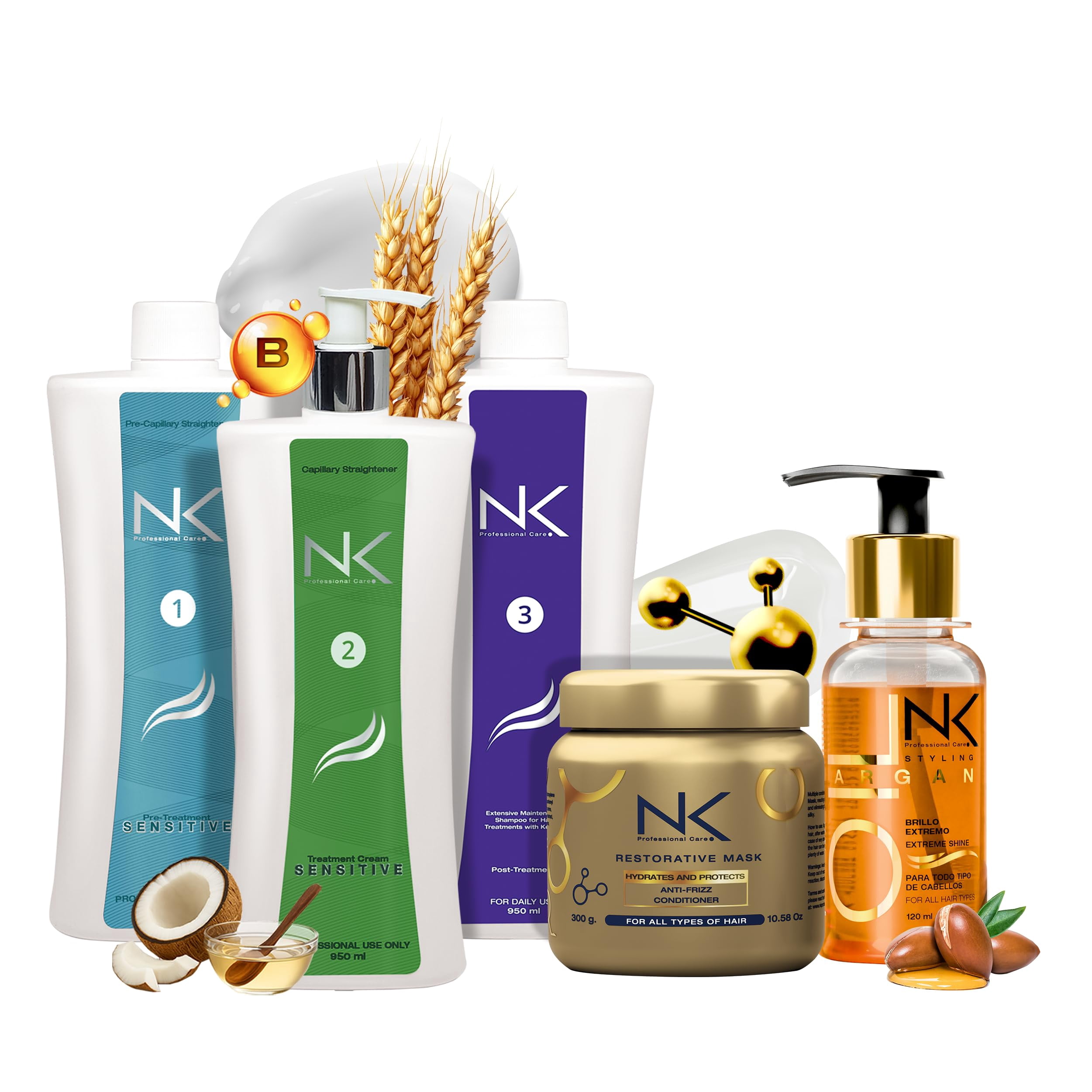 NK Sensitive Keratin Hair Straightening Treatment, Vegan, Formaldehyde Free. Kit Steps 1,2,3,4,5. Sensitive straightening treatment, home care shampoo, Hair Mask and Styling Argan Oil. (32oz)