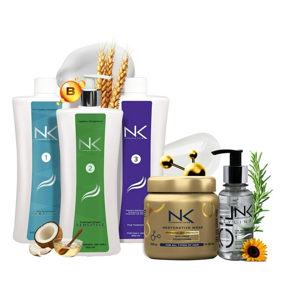 NK Sensitive Keratin Hair Straightening Treatment, Vegan, Formaldehyde Free. Kit Steps 1,2,3,4,5. Sensitive straightening treatment, home care shampoo, Hair Mask and Styling Oil. (32oz)