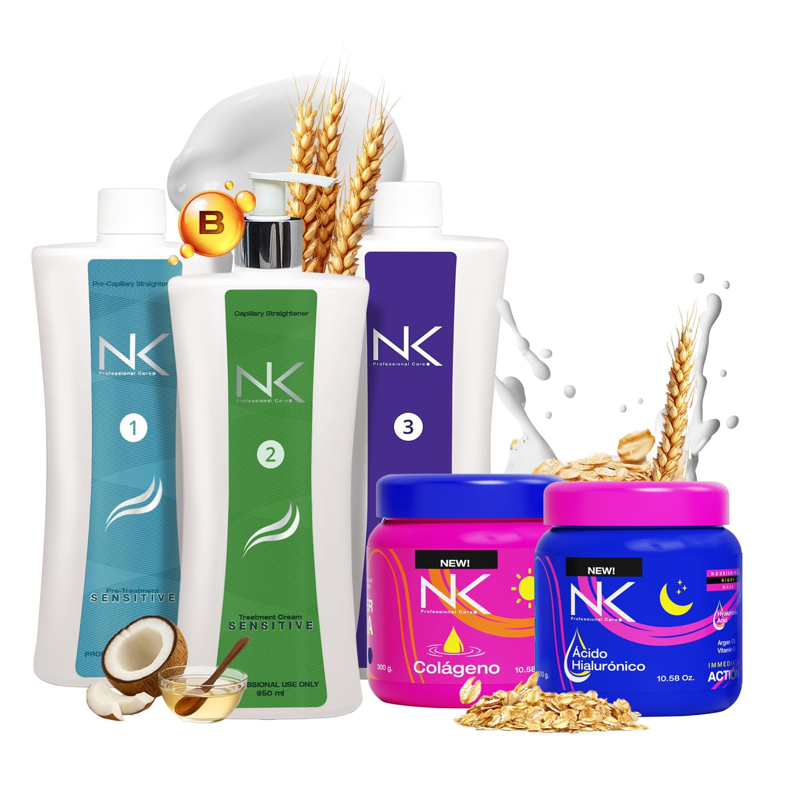 NK Sensitive Keratin Hair Straightening Treatment, Vegan, Formaldehyde Free. Kit Steps 1,2,3,4. Straightening treatment, post-treatment shampoo and Collagen & Hyaluronic Acid Hair Mask. 32oz
