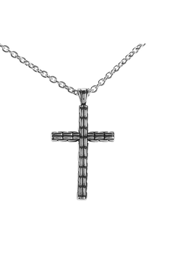 32-6771 Antiqued Box Cross, Silver Tone, 24 Inch, Stainless Steel, Men's Everyday Necklace,