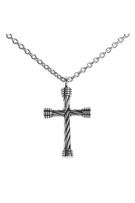 32-6773 Twisted Rope Cross with Endcaps, Silver Tone, 24 Inch, Stainless Steel, Men's Everyday Necklace,