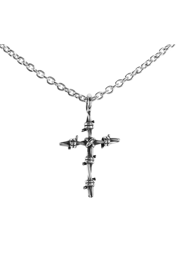 32-6772 Antiqued Barbed-Wire Cross, Silver Tone, 24 Inch, Stainless Steel, Men's Everyday Necklace,