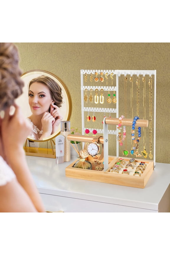 Jewelry Organizer Stand, Jewelry Organizer Display, 4 Tier Earring Holder with 48 Holes and 6 Hooks, Organizer for Watches, Bracelet, Necklace, Earring Ring