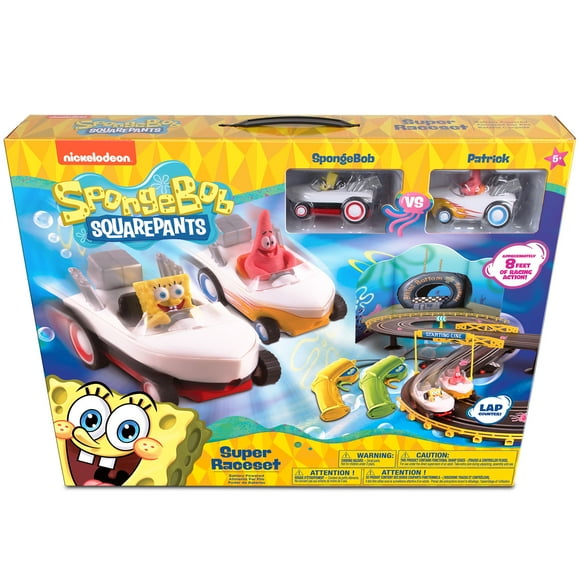 NKOK: Super Slot Car Race Set - SpongeBob Squarepants - Hot Rod Boat Vehicles, 8' Adjustable Track Layout, 2 Player Controllers, Lap Counter, Kids 6+