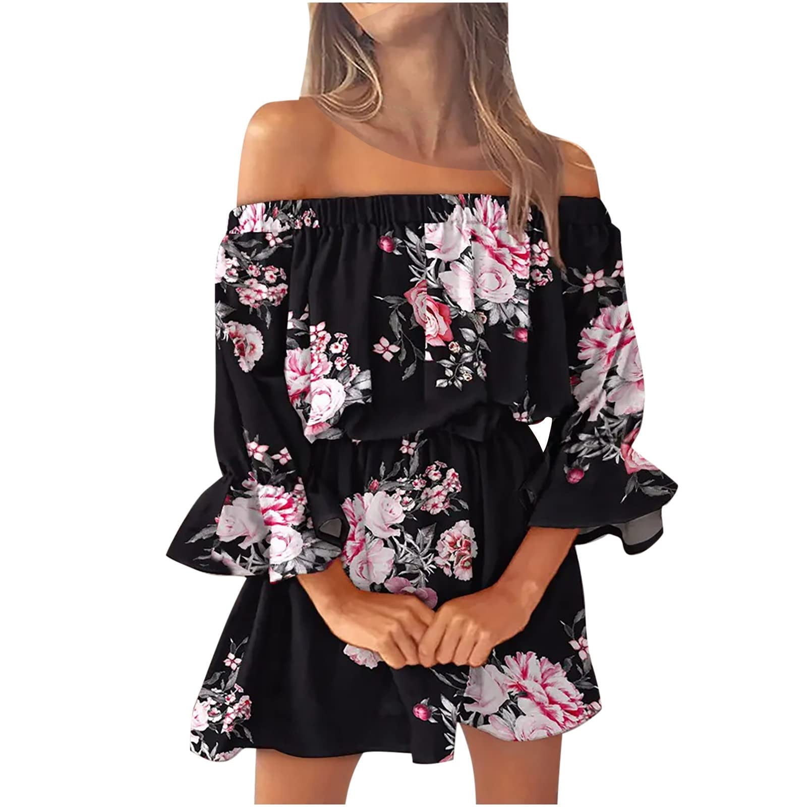 NKOOGH Casual Dresses for Women Summer Dresses With Pocket Summer Dresses  for Women 2022 Beach Off Shoulder Tunic Casual Loose Fit Bell Sleeve Mini  Floral Dress 