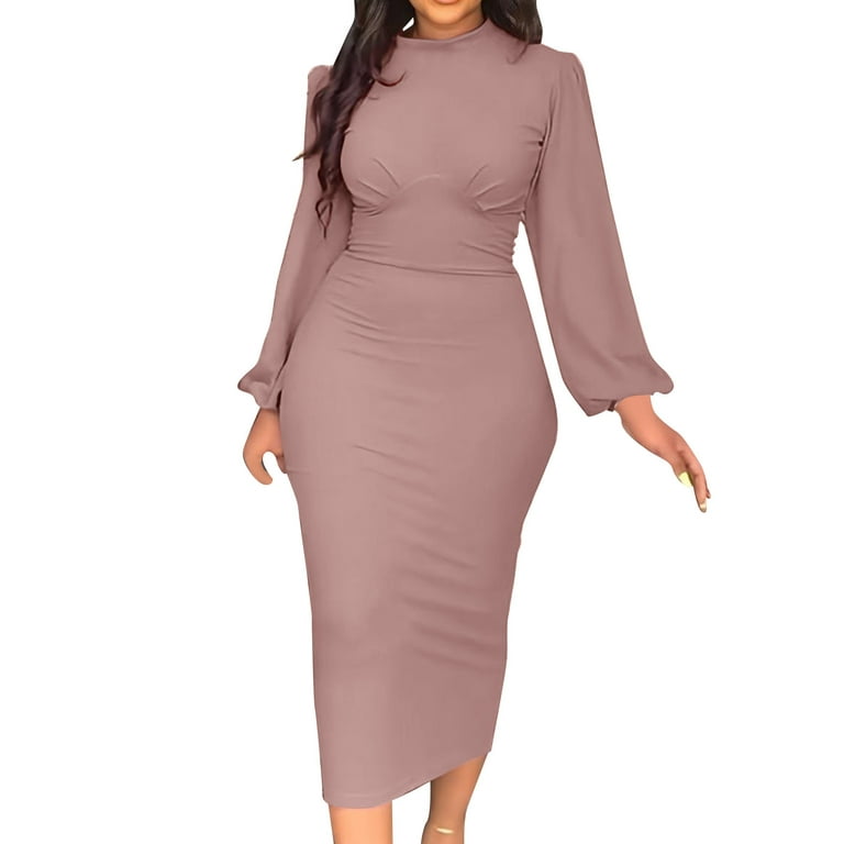 NKOOGH Crew Neck Dress Flattering Dresses for Curvy Women Ladies Slit Long  Sleeves Round Neck Elegant Casual Tight Mid Length Pencil Fashion Party  Dresses 