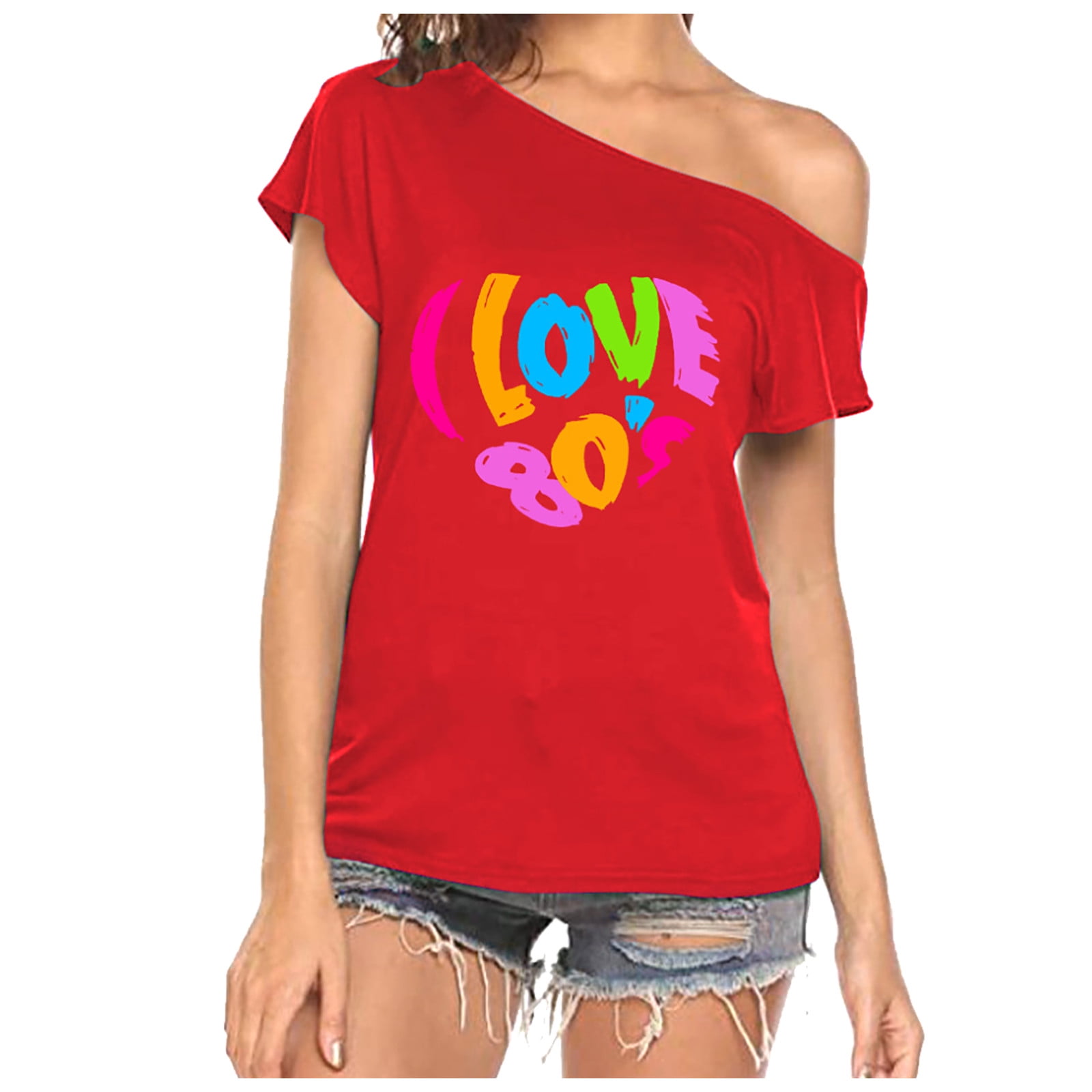 NKOOGH Cut Out Short Sleeve Top Women'S Layering Tees Women I Love The 80S  Off The Shoulder T Shirts Disco 80S Tops 