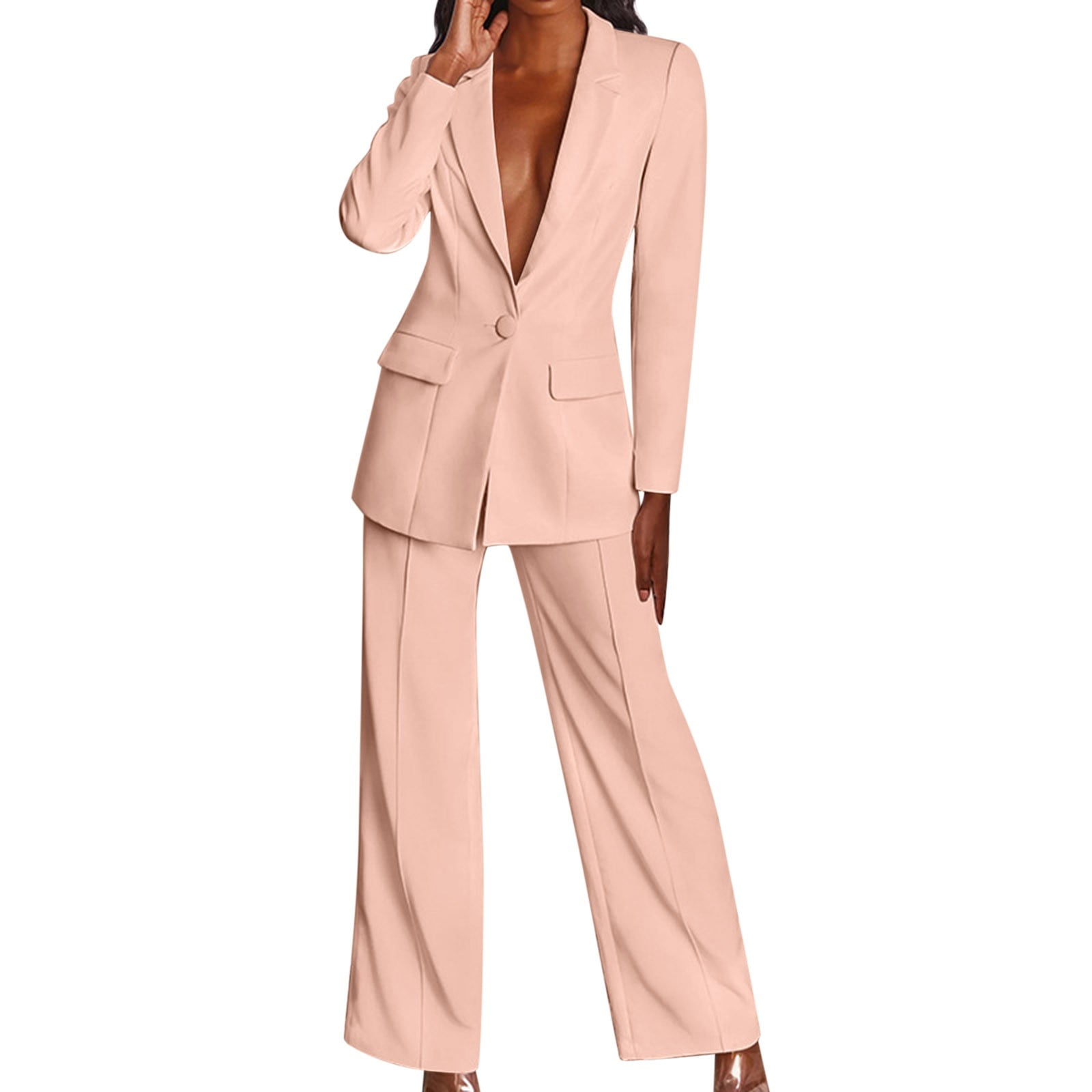 NKOOGH Dressy Pant Suits for A Wedding Guest Jumper for Women Women'S  Casual Solid Long Sleeve Suits Button Coat High Waist Long Pant Two Piece  Set