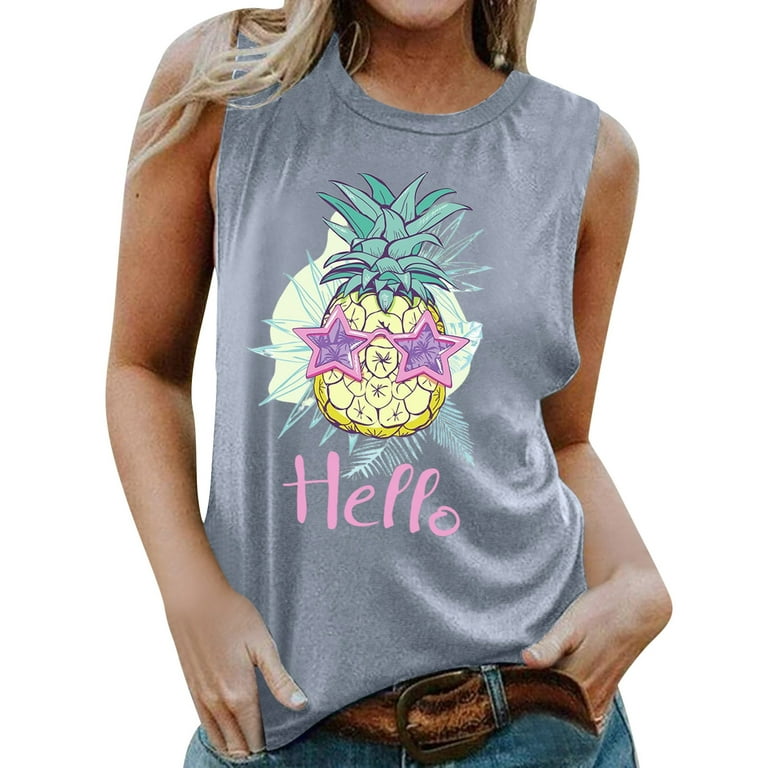 NKOOGH Fitted Top Grey Sleeveless Shirts for Women European And American  Style Sleeveless Vest Women's Pineapple Fun Print T Shirt Xl 