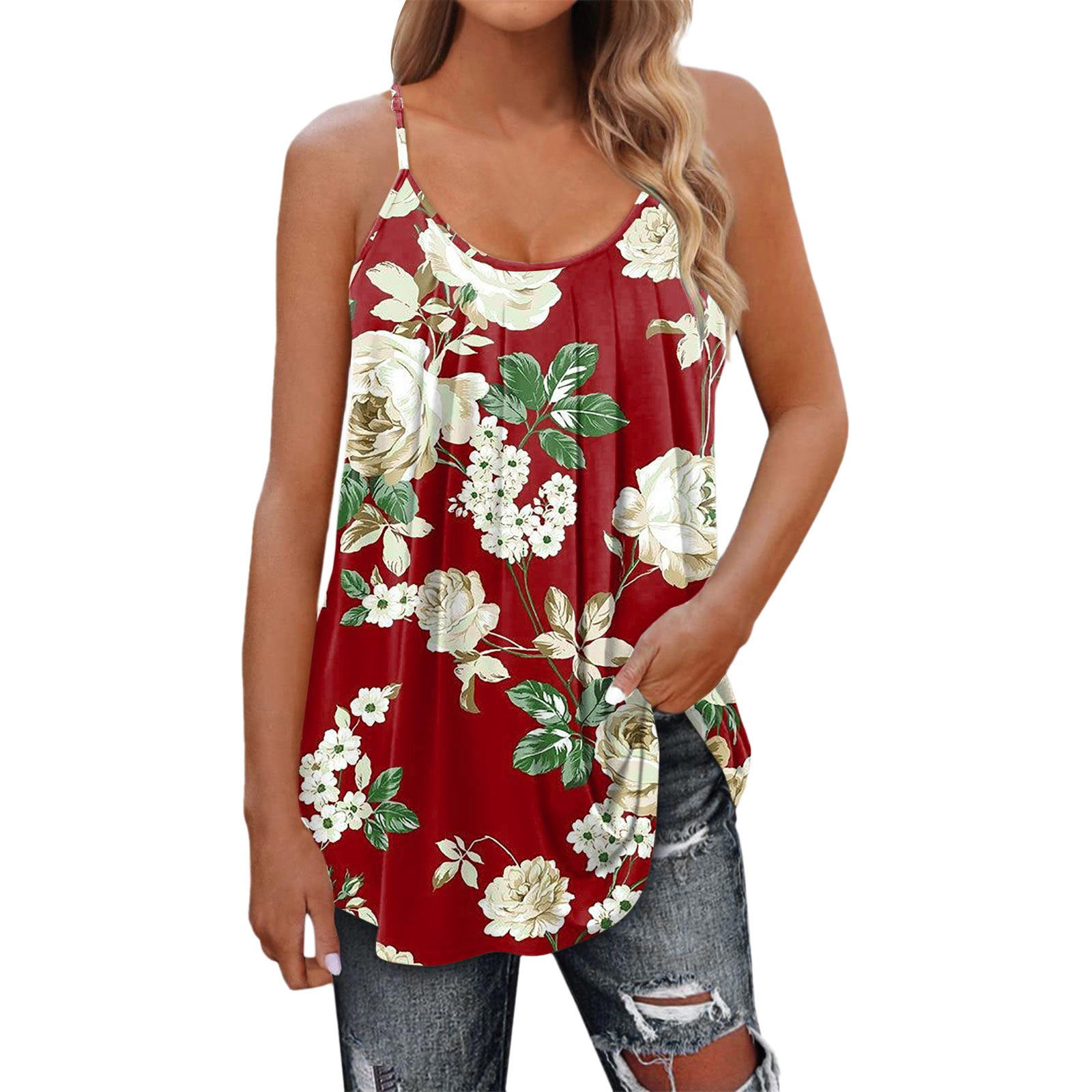 NKOOGH Flowing Tank Tops for Women Red All Cotton Long Top Summer
