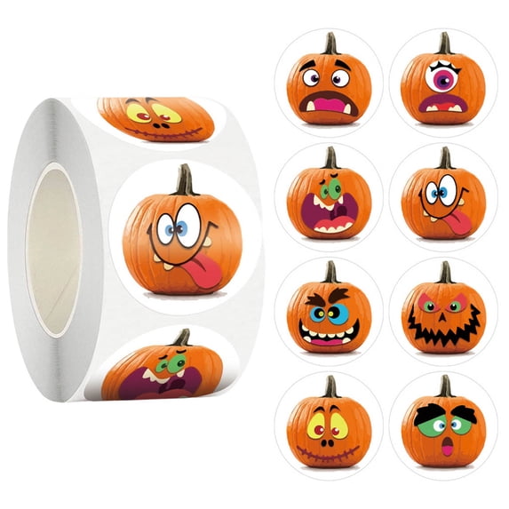 NKOOGH Halloween Pumpkin Cartoon Stickers Roll 500 Count Festive Decorative Labels One Size