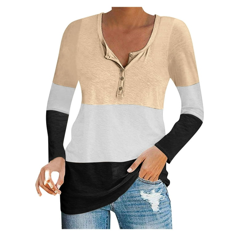 NKOOGH Scalloped Neck Our Womens Long Sleeve Women Classic Crewneck Color  Block Buttons Sweatshirt Popular Long-Sleeves Winter Blouses Top Sweater