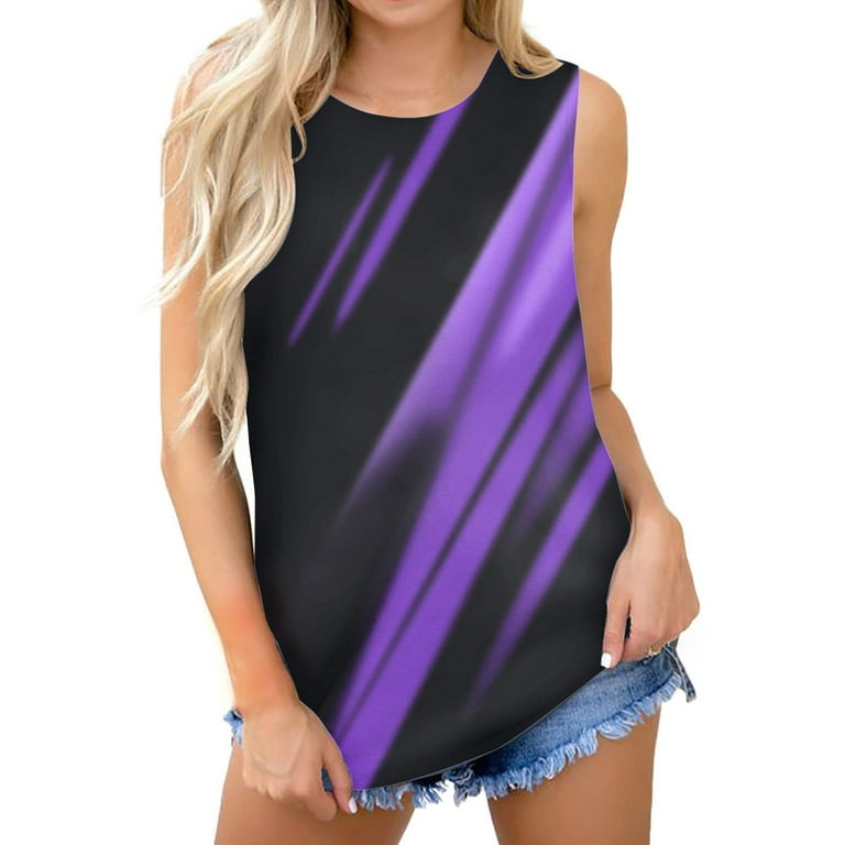 NKOOGH Spring Tops for Women Purple Beach Volleyball Tops for Women Womens  Summer Casual Crewneck Sleeveless Tie Dye Printed Vest Top T Shirt L 