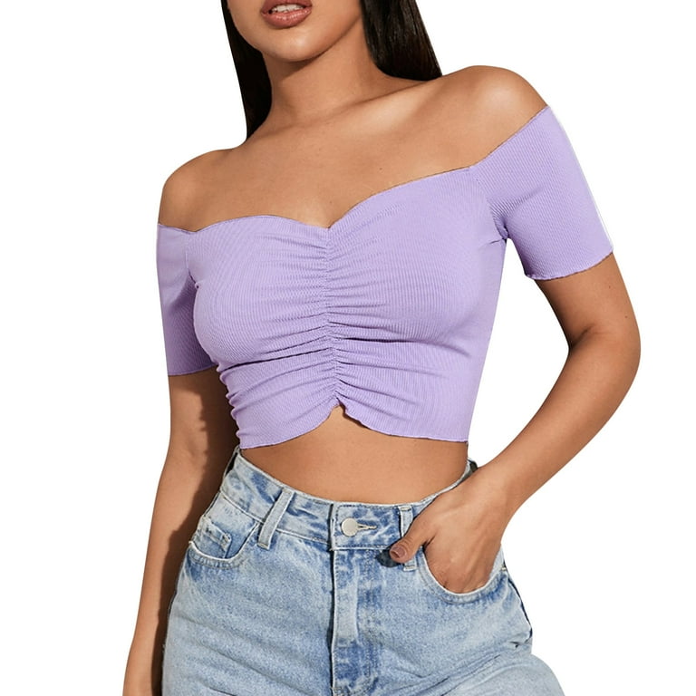NKOOGH Tank Top for Women Cropped Purple Sleep Top Women Womens Off  Shoulder Fashion Top T Shirt Slim Solid Color Short T Shirt S 