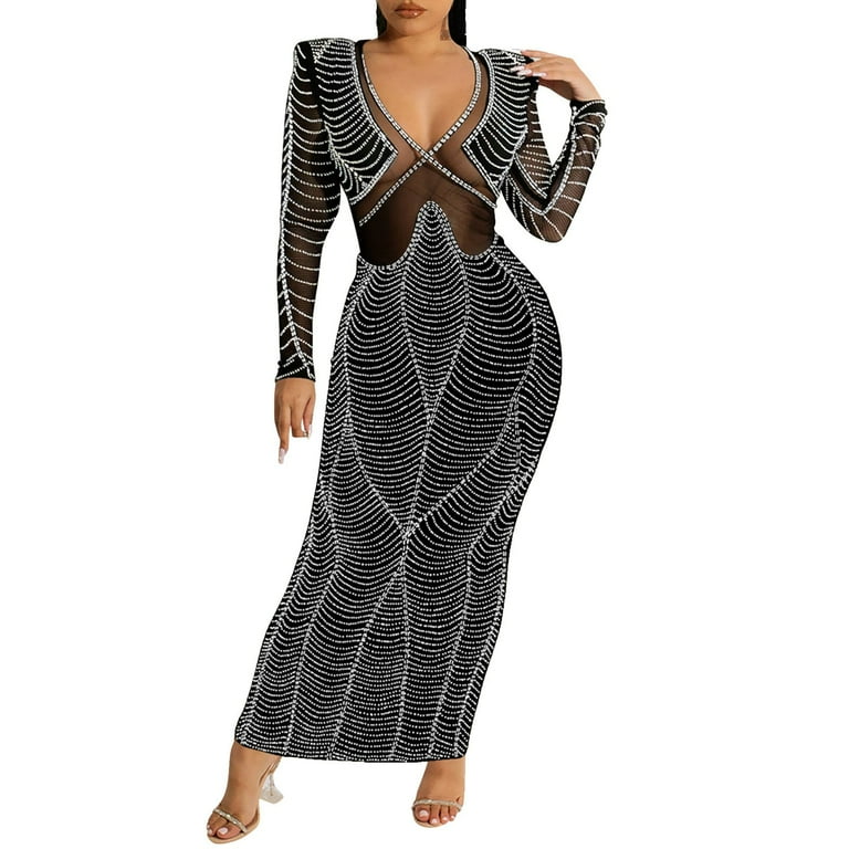 NKOOGH Tunic Dress A Line Dresses Knee Length for Women Women Long Sleeve  Prom Dress Nightclub Rhinestone Mesh Long Sleeve Long Dress Women Fashion  Transparent Large Size Evening Dresses 