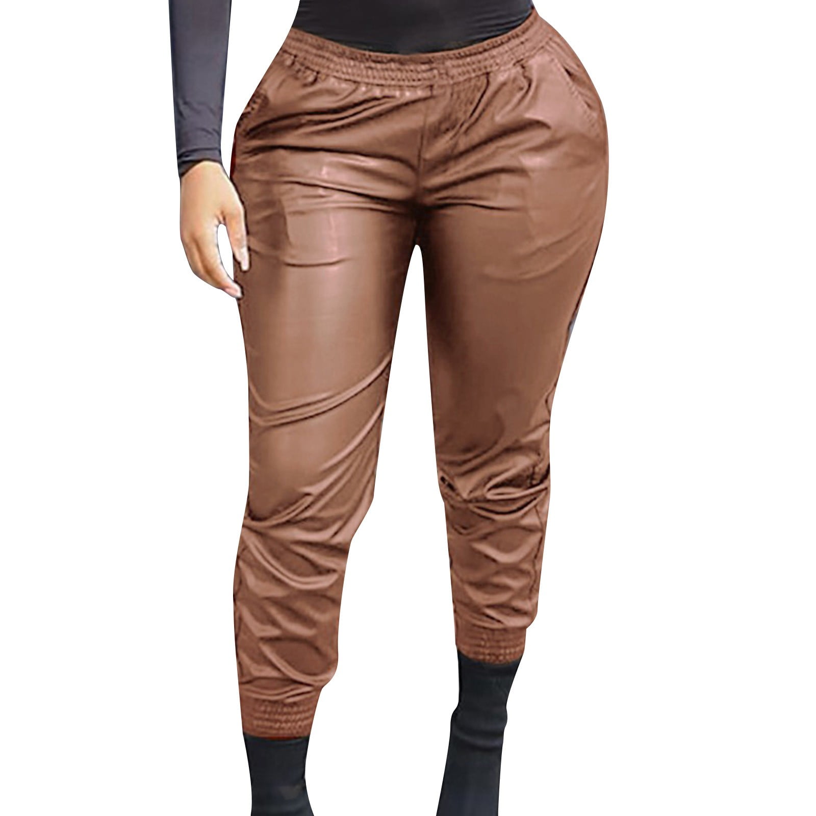 NKOOGH Women Dress Pants for Work Button Leather Pants Women'S Fashion  Casual Loose Banded Waist Taut Pure Color Trim Wear Leather Pants 