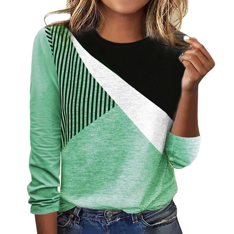 NKOOGH Women'S Long Sleeve Knitted T-Shirt Tech Sleeve Women Fashion Loose  Colorblock Striped Print Casual Long Sleeve Crew Neck T Shirt Top 